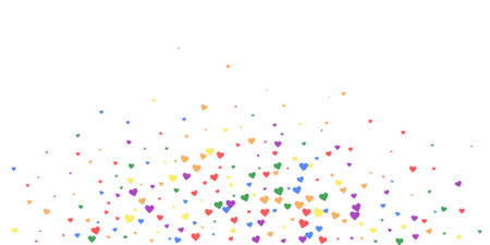 Valentine hearts, flying, falling down, floating. Rainbow colored scattered hearts. LGBT valentine card. Lovable valentine hearts vector illustration.のイラスト素材