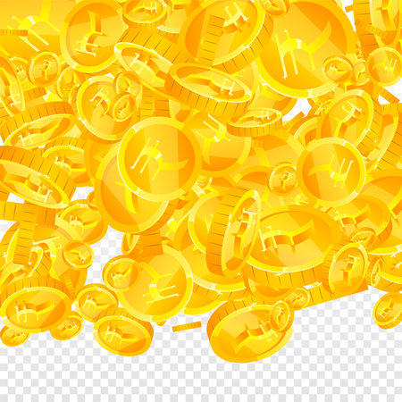 Indian rupee coins falling. Scattered gold INR coins. India money. Great business success concept. Square vector illustration.のイラスト素材