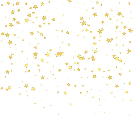 Magic stars vector overlay. Gold stars scattered around randomly, falling down, floating. Chaotic dreamy childish overlay template. Enchanting vector with magic stars on white background.のイラスト素材