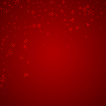 Magic falling snow christmas background. Subtle flying snow flakes and stars on christmas red background. Magic falling snow holiday scenery. Square vector illustration.のイラスト素材