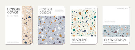 School notebook cover design. Terrazzo abstract background made of natural stones, granite, quartz...