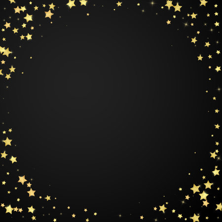 Magic stars vector overlay. Gold stars scattered around randomly, falling down, floating. Chaotic dreamy childish overlay template. on black background.のイラスト素材