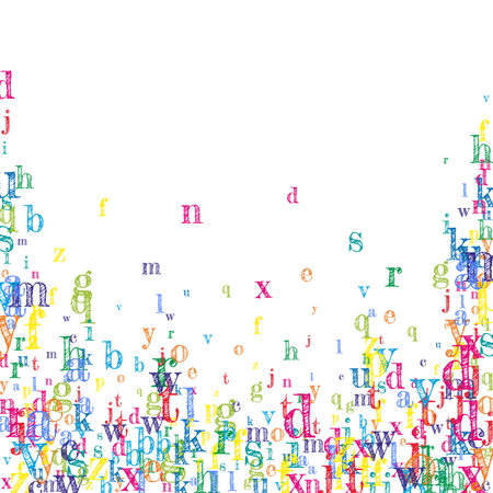 Concept of school background. Colorful childish falling letters of English language. Foreign languages study concept. Back to school banner on white background.のイラスト素材