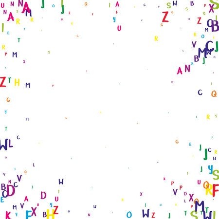 Falling letters of English language. Colorful childish flying characters of Latin alphabet. Foreign languages study concept. Back to school banner on white background.のイラスト素材