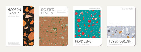 School notebook cover design. Terrazzo abstract background made of natural stones, granite, quartz...