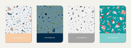 School notebook cover design. Terrazzo abstract background made of natural stones, granite, quartz...