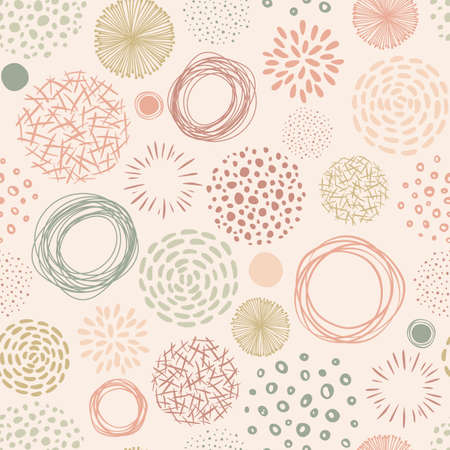 Doodle round abstract seamless pattern. Vector organic background with scribble lines, dots. Hand drawn shapes in neutral color palette.のイラスト素材