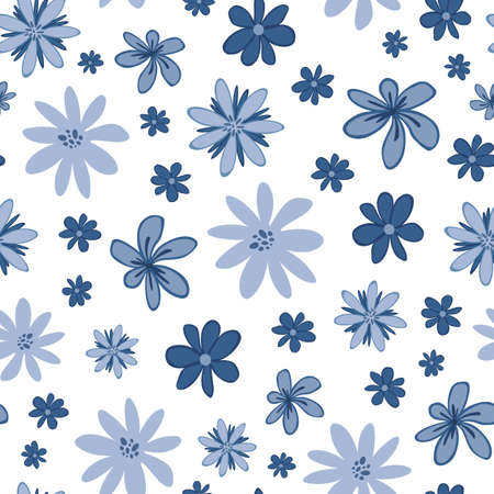 Doodle floral seamless pattern with blue pastel cute flowers. Repeat background for fabric,...