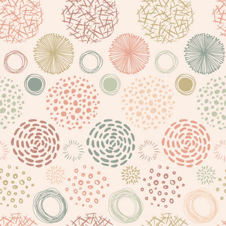 Doodle round abstract seamless pattern. Vector horizontal organic background with scribble lines, dots. Hand drawn shapes in neutral color palette.のイラスト素材