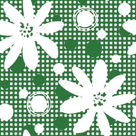 Silhouettes of flowers and dots on a hand drawn square dots background. Green vector seamless pattern for decoration for children and babies.のイラスト素材