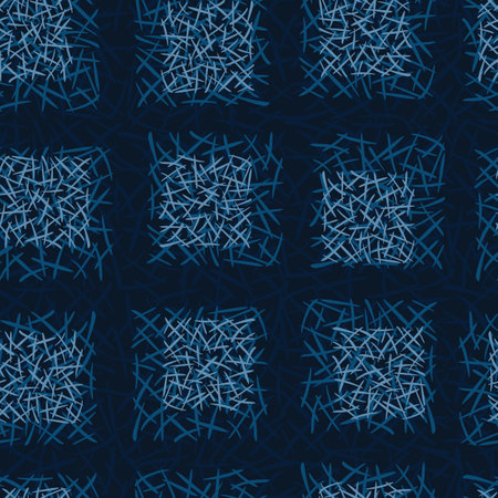 Grid of lines and scratches as a seamless pattern. Square elements on a dark background. Repeatable texture for projects, wrapping, fabric, scrapbooking.のイラスト素材