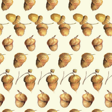 Watercolor seamless pattern. Brown acorns on beige background. Handmade vector image for wrapping, wallpaper or covers.の写真素材