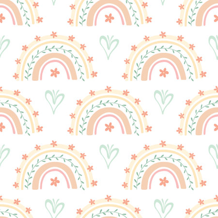 Cute rainbows in boho style with floral motif. Doodle seamless pattern with abstract elements. Pastel beige and green minth colors. Vector background for cards and children illustrations, kids bedroom or preschool.のイラスト素材
