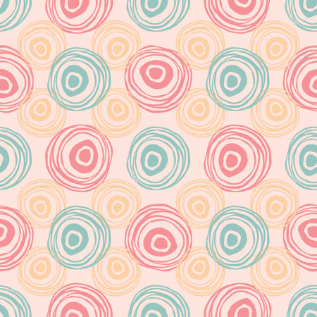 Scribble circles texture. Green, red, orange and pink colors. Regular abstract seamless pattern. Hand drawn elements background for wrapping, fabric, wallpaper or cards.のイラスト素材