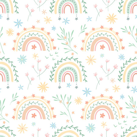 Cute rainbows in boho style with floral motif. Doodle seamless pattern with abstract elements. Pastel beige and green minth colors. Vector background for cards and children illustrations, kids bedroom or preschool.のイラスト素材