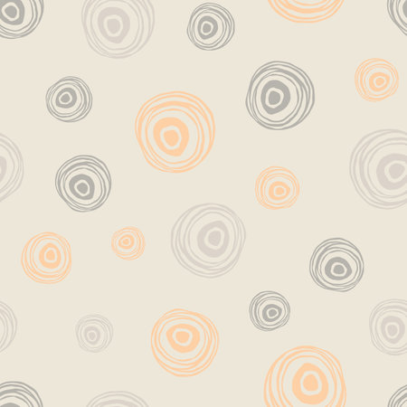 Abstract pastel seamless pattern. Scattered scribble circles. Pale background with orange accents. Hand drawn elements background for wrapping, fabric, wallpaper or cards.のイラスト素材