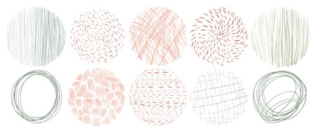 Set of circle doodle textutes. Vector hand drawn abstract patterns, lines, scribbles and dots. Freehand drawing for design. Lucyのイラスト素材