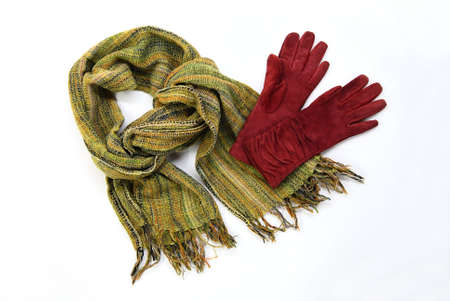 green warm scarf and chamois glovesの写真素材