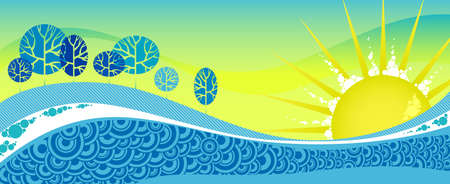 Blue winter forest under snow on yellow sunset.のイラスト素材