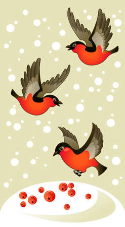 three red bullfinches on winter backgroundのイラスト素材