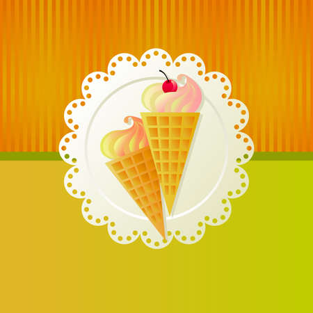Ice cream with cherry on a white napkin on green background.のイラスト素材