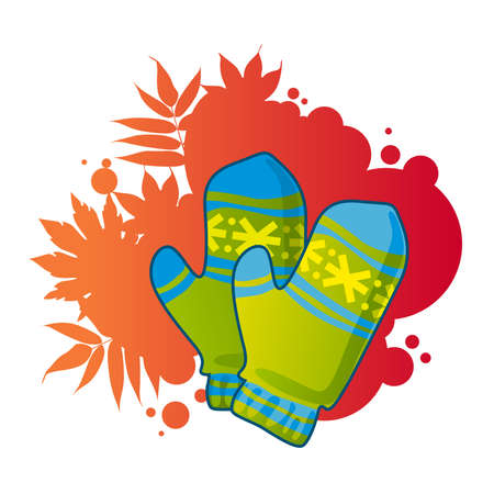 green knitted gloves on autumnal backgroundのイラスト素材