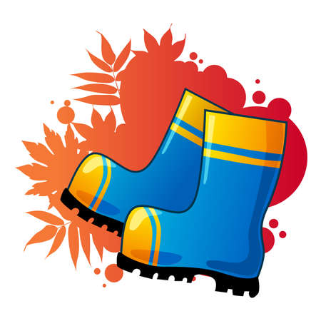 Blue rubber boots on autumnal background.のイラスト素材