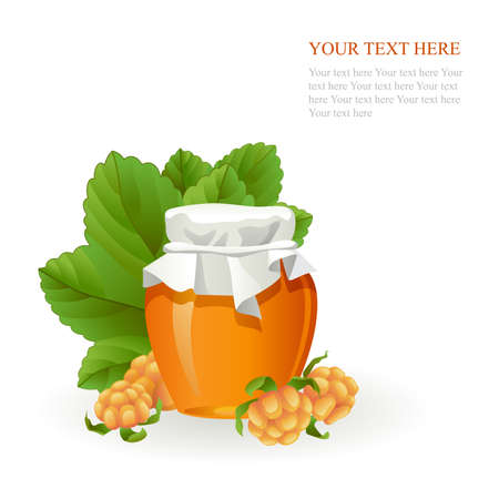 Cloudberry jam jar with fresh berry isolated on white backgroundのイラスト素材