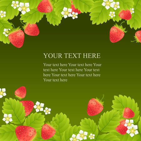 Ripe strawberries with leaves and flowers on dark backgroundのイラスト素材