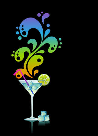 Martini with ice and lime on black background のイラスト素材