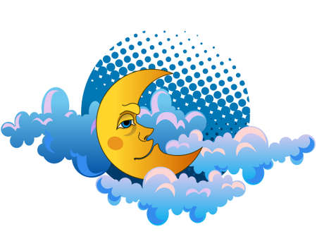 Yellow moon sleeping on clouds のイラスト素材