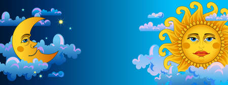 Sun and moom on dark sky のイラスト素材