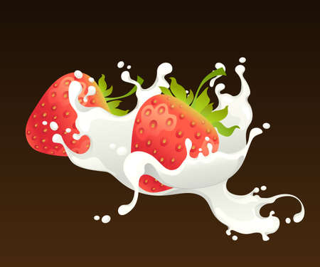 Milk splash with strawberry on black background のイラスト素材