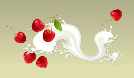 Milk splash with cherry on light background のイラスト素材