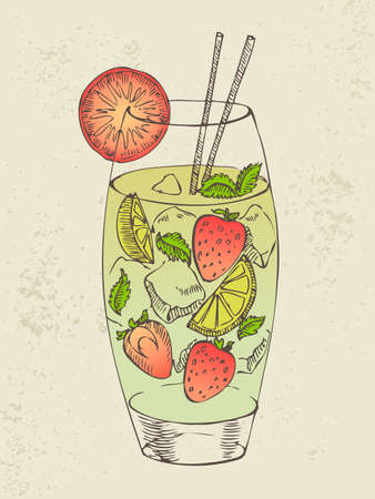 Hand drawn illustration of mojito with strawberry のイラスト素材