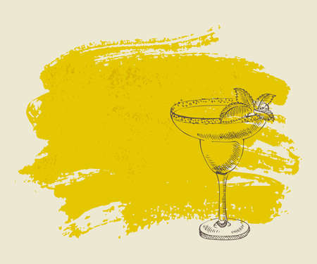 Tropical cocktail with mint on yellow grunge backgroundのイラスト素材