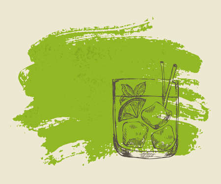 Iced tropical cocktail with mint on green grunge backgroundのイラスト素材