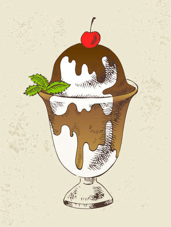 Vanilla ice cream with chocolate topping and mint in cupのイラスト素材