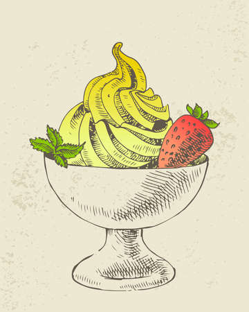 Yellow ice cream with mint and strawberry in cupのイラスト素材