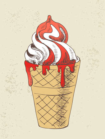 Hand drawn illustration of vanilla ice cream with strawberry syrupのイラスト素材