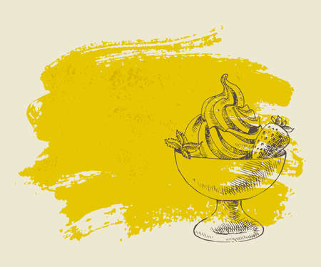 Ice cream with strawberry on yellow grunge background のイラスト素材