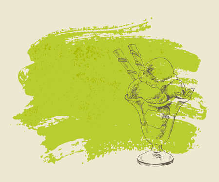 Vanilla ice cream with mint in cup on green grunge background のイラスト素材