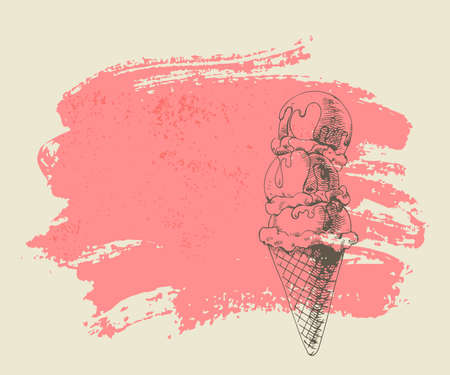 Ice cream scoops on cone on pink grunge background のイラスト素材