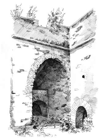 Hand-drawn sketch of old castle ruinsの写真素材