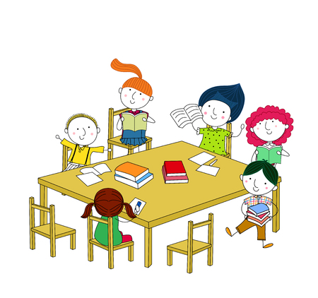 Children write and read, sitting at the table のイラスト素材