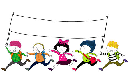 Kids running with an empty flag bannerのイラスト素材