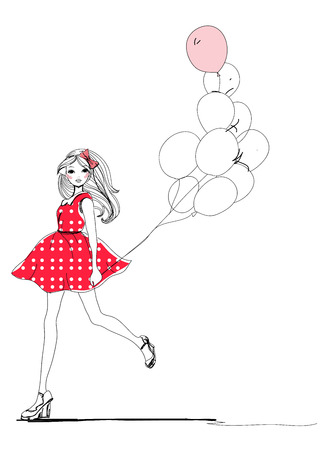 Fashion sketch girl with balloonsのイラスト素材