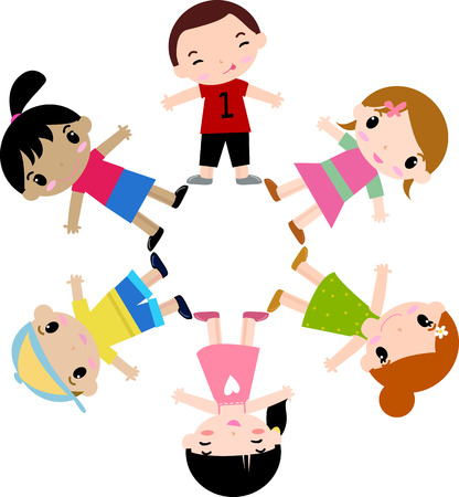 Six children holding hands in a circleのイラスト素材