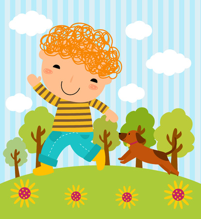 Illustration of a boy and his dog playing in the parkのイラスト素材