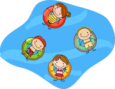kids floating on inflatable ringsのイラスト素材